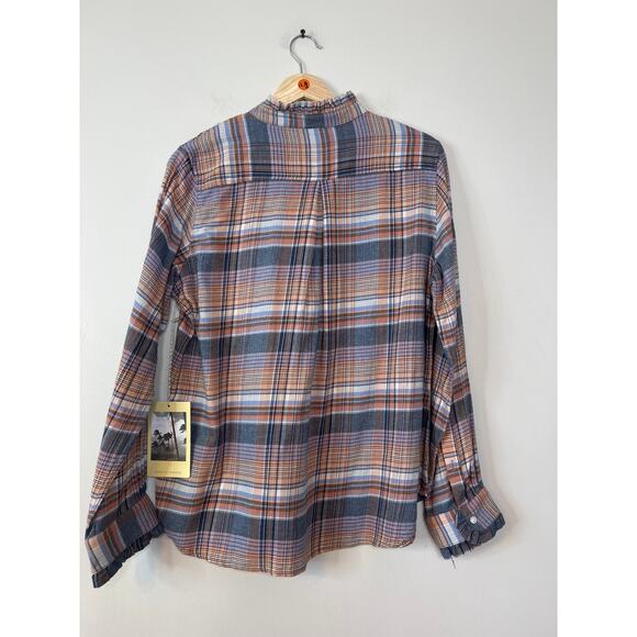 NWT Birds of Paradis By Trovata Ruffle Breezy Blouse Blue Eclipse Plaid Top - Picture 6 of 7